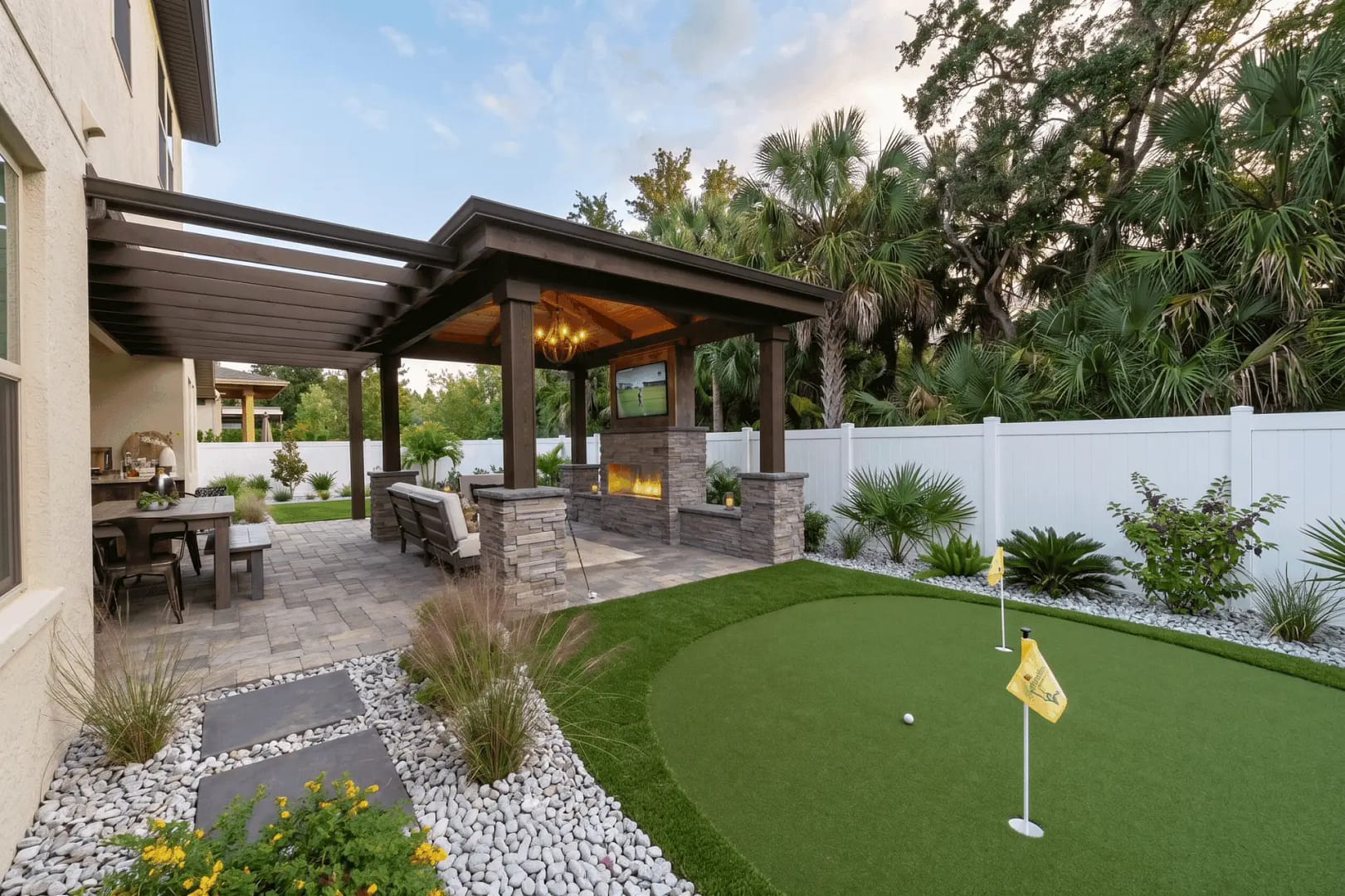 A modern backyard in Tampa, Florida, featuring a light tan stucco house, a professional synthetic putting green with two flags, and a large dark wood pavilion with a stone fireplace and TV. The garden beds are filled with white river stones and Florida native plants like Muhly grass and Saw Palmettos, all enclosed by a white PVC privacy fence.