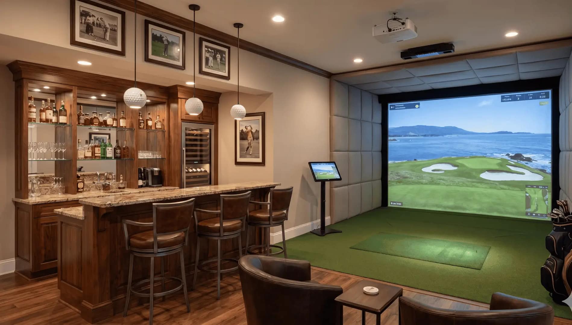 High-end home bar and golf simulator integration in Seminole, FL, featuring a custom-built wet bar, Prussian Blue cabinetry, and a flush-mounted 4K golf sanctuary engineered by Sims & Greens.