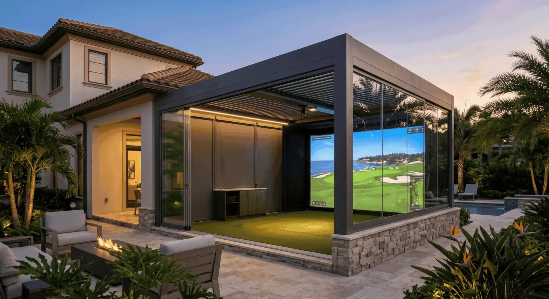 Luxury louvered golf simulator gazebo with integrated AC and putting green in a Tampa, FL backyard.