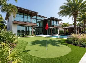 Tampa Luxury Backyard Putting Green with Chipping Fringe - Sims & Greens uxury modern home in Tampa, Florida, featuring a custom backyard artificial turf putting green with a red flag, chipping fringe, and a swimming pool.