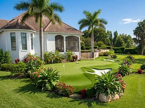 luxury-backyard-putting-green-sand-bunker-st-petersburg - Sims & Greens Luxury backyard artificial turf putting green installation in St. Petersburg, FL, featuring multiple target holes, custom white sand bunkers, palm trees, and a beautiful white estate home.