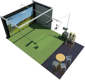 custom-3d-golf-simulator-room-design-rendering-tampa - Sims & Greens A detailed 3D design rendering of a custom residential golf simulator room in Tampa, featuring precise floor-to-ceiling impact screen dimensions, a flush-mounted hitting mat, and social seating layout.