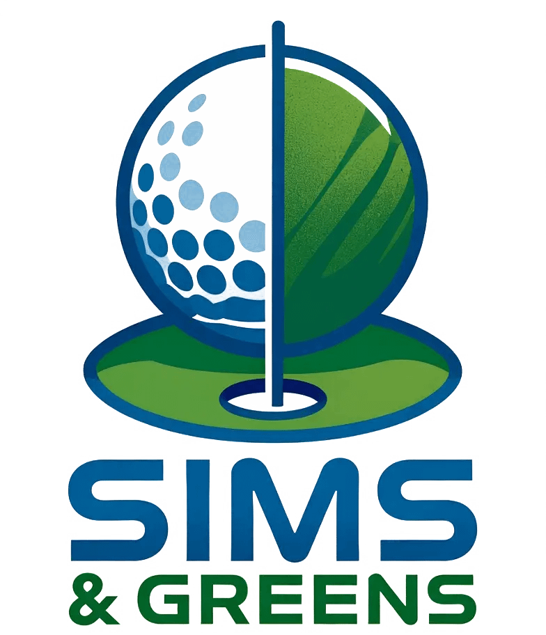 Sims & Greens company logo featuring a circular emblem split between a golf ball and a putting green with a flag.